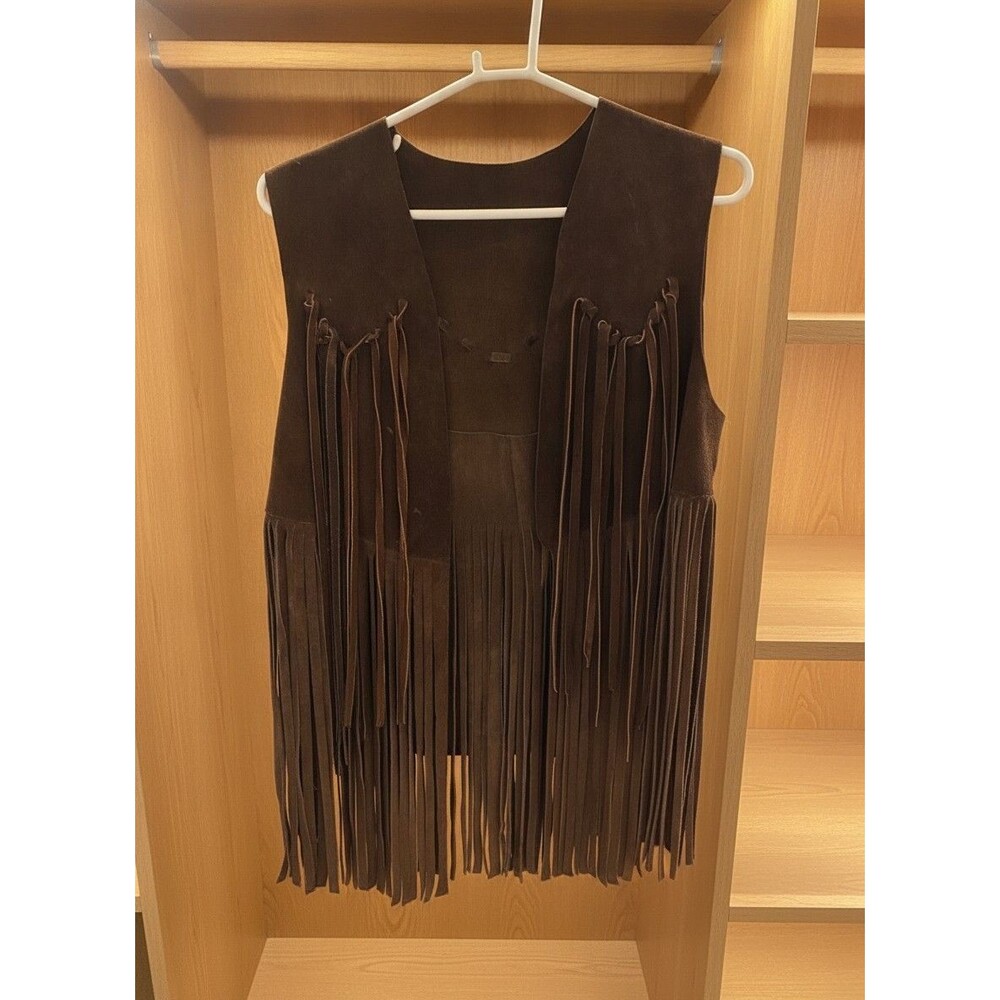 Vintage Boho Brown Suede Leather Fringe Vest Womens Size L Western Hippie